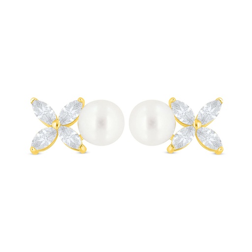 [EAR02PRL00WCZC490] Sterling Silver 925 Earring Golden Plated Embedded With White Shell Pearl And White Zircon