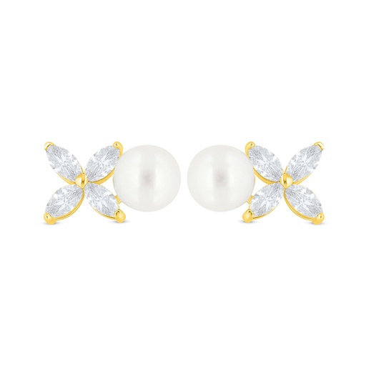 [EAR02PRL00WCZC490] Sterling Silver 925 Earring Golden Plated Embedded With White Shell Pearl And White Zircon