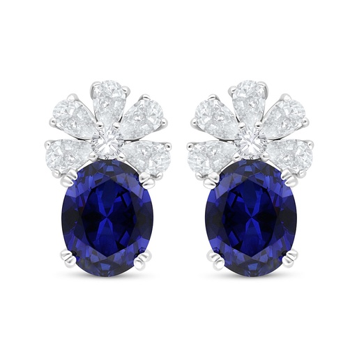 [EAR01SAP00WCZC495] Sterling Silver 925 Earring Rhodium Plated Embedded With Sapphire Corundum And White Zircon