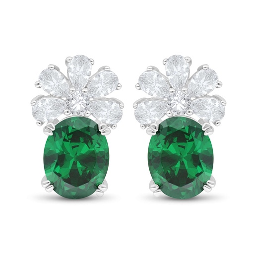 [EAR01EMR00WCZC495] Sterling Silver 925 Earring Rhodium Plated Embedded With Emerald Zircon And White Zircon