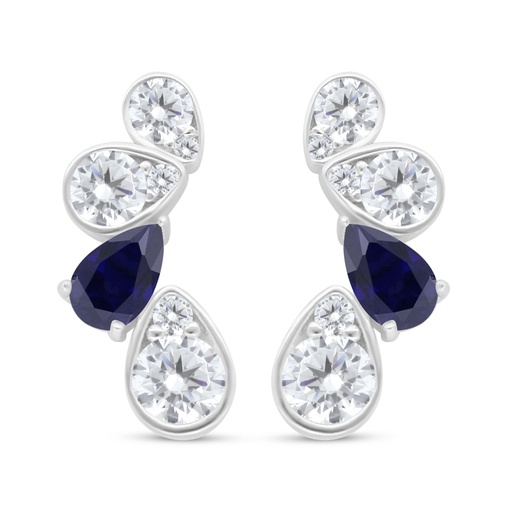 [EAR01SAP00WCZC496] Sterling Silver 925 Earring Rhodium Plated Embedded With Sapphire Corundum And White Zircon