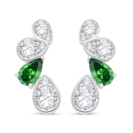 [EAR01EMR00WCZC496] Sterling Silver 925 Earring Rhodium Plated Embedded With Emerald Zircon And White Zircon