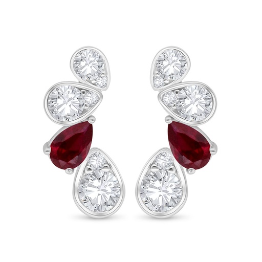 [EAR01RUB00WCZC496] Sterling Silver 925 Earring Rhodium Plated Embedded With Ruby Corundum And White Zircon