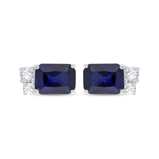 [EAR01SAP00WCZC501] Sterling Silver 925 Earring Rhodium Plated Embedded With Sapphire Corundum And White Zircon