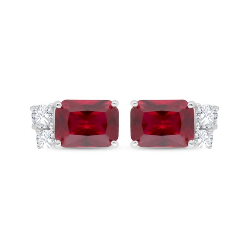 [EAR01RUB00WCZC501] Sterling Silver 925 Earring Rhodium Plated Embedded With Ruby Corundum And White Zircon