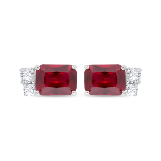 [EAR01RUB00WCZC501] Sterling Silver 925 Earring Rhodium Plated Embedded With Ruby Corundum And White Zircon