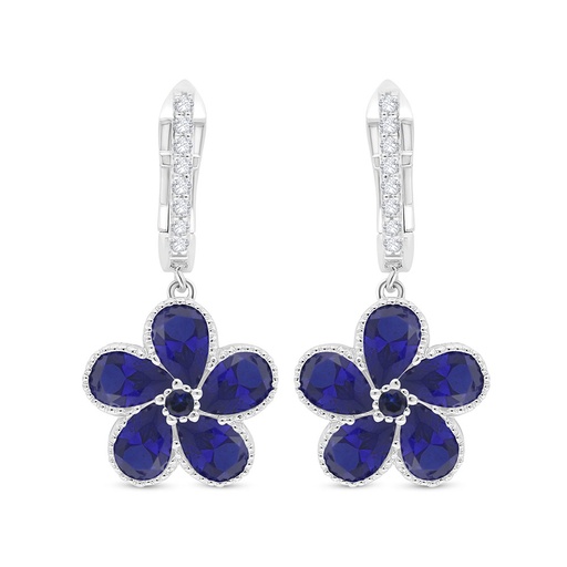 [EAR01SAP00WCZC516] Sterling Silver 925 Earring Rhodium Plated Embedded With Sapphire Corundum And White Zircon