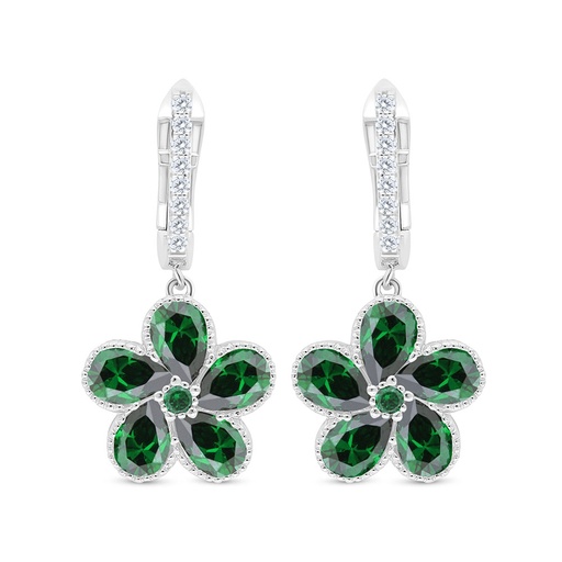 [EAR01EMR00WCZC516] Sterling Silver 925 Earring Rhodium Plated Embedded With Emerald Zircon And White Zircon