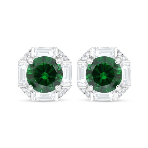 [EAR01EMR00WCZC521] Sterling Silver 925 Earring Rhodium Plated Embedded With Emerald Zircon And White Zircon