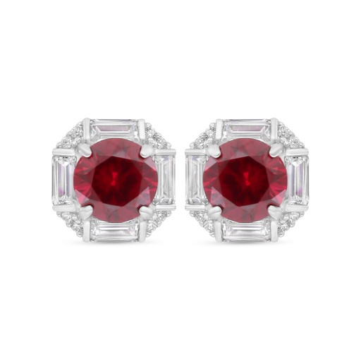 [EAR01RUB00WCZC521] Sterling Silver 925 Earring Rhodium Plated Embedded With Ruby Corundum And White Zircon