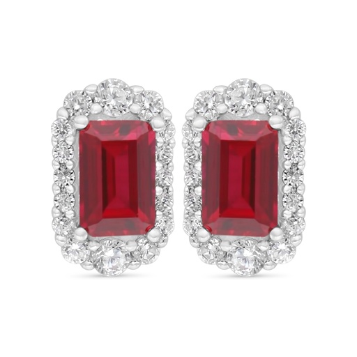 [EAR01RUB00WCZC524] Sterling Silver 925 Earring Rhodium Plated Embedded With Ruby Corundum And White Zircon