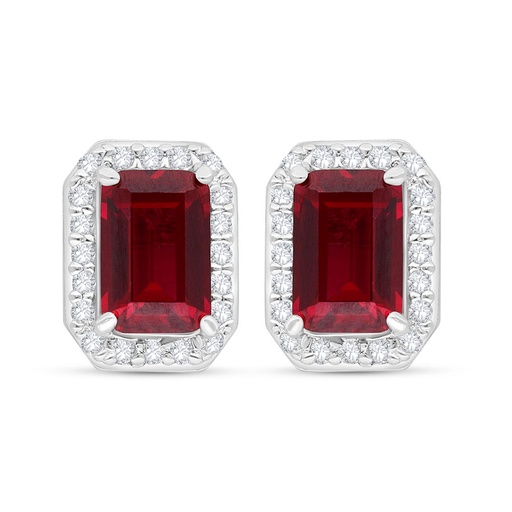 [EAR01RUB00WCZC533] Sterling Silver 925 Earring Rhodium Plated Embedded With Ruby Corundum And White Zircon