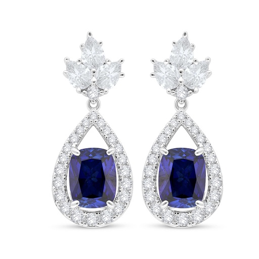 [EAR01SAP00WCZC537] Sterling Silver 925 Earring Rhodium Plated Embedded With Sapphire Corundum And White Zircon