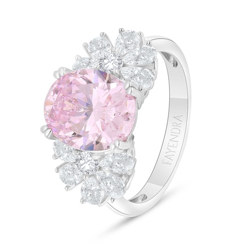 Sterling Silver 925 Ring Rhodium Plated Embedded With pink Zircon And White Zircon