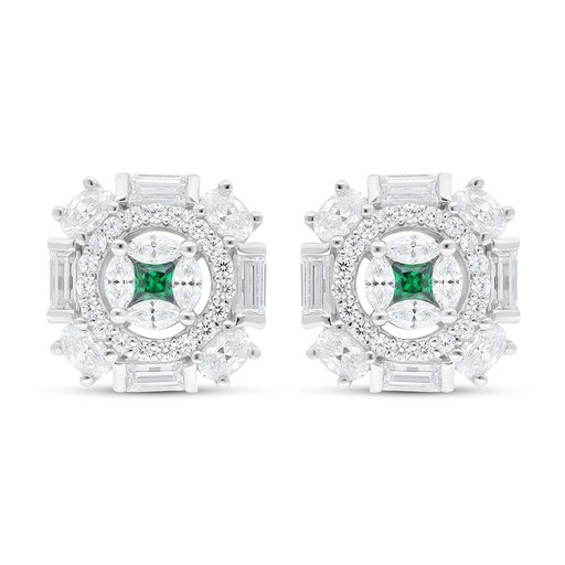 [EAR01EMR00WCZC626] Sterling Silver 925 Earring Rhodium Plated Embedded With Emerald Zircon And White Zircon