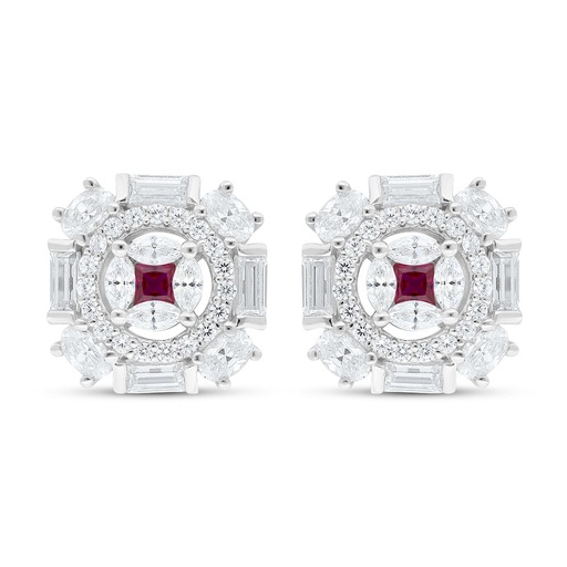 [EAR01RUB00WCZC626] Sterling Silver 925 Earring Rhodium Plated Embedded With Ruby Corundum And White Zircon