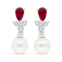 Sterling Silver 925 Earring Rhodium Plated Embedded With Fresh Water Pearl And Ruby Corundum And White Zircon