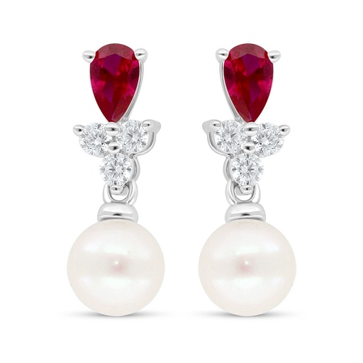 [EAR01PRL00RUBC644] Sterling Silver 925 Earring Rhodium Plated Embedded With Fresh Water Pearl And Ruby Corundum And White Zircon