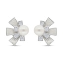 Sterling Silver 925 Earring Rhodium Plated Embedded With Fresh Water Pearl And White Shell And White Zircon