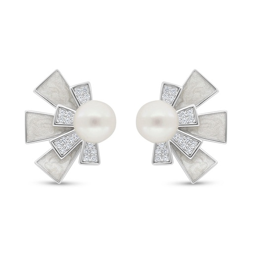 [EAR01PRL00MOPC645] Sterling Silver 925 Earring Rhodium Plated Embedded With Fresh Water Pearl And White Shell And White Zircon