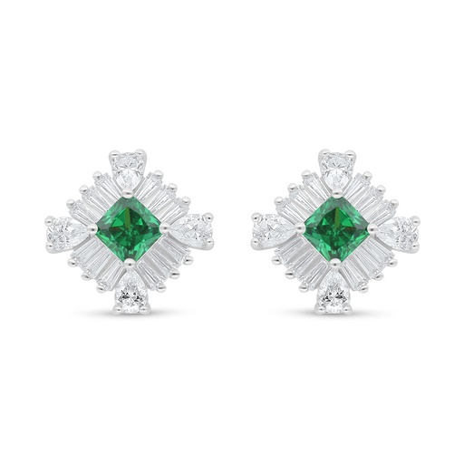[EAR01EMR00WCZC650] Sterling Silver 925 Earring Rhodium Plated Embedded With Emerald Zircon And White Zircon