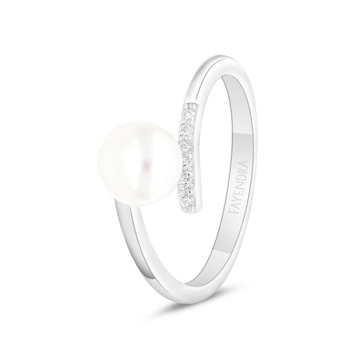Sterling Silver 925 Ring Rhodium Plated Embedded With Fresh Water Pearl And White Zircon
