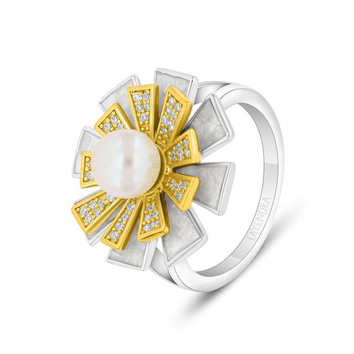 Sterling Silver 925 Ring Rhodium And Golden Plated Embedded With Fresh Water Pearl And White Shell And White Zircon