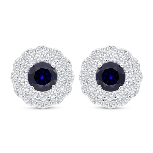 [EAR01SAP00WCZC693] Sterling Silver 925 Earring Rhodium Plated Embedded With Sapphire Corundum And White Zircon