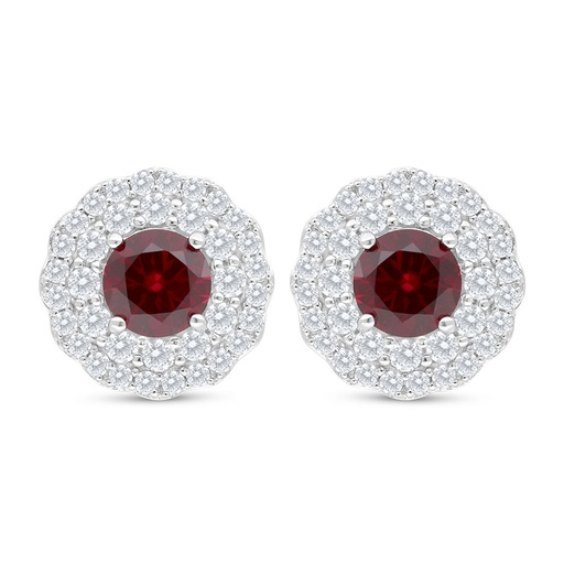 [EAR01RUB00WCZC693] Sterling Silver 925 Earring Rhodium Plated Embedded With Ruby Corundum And White Zircon