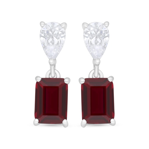 [EAR01RUB00WCZC729] Sterling Silver 925 Earring Rhodium Plated Embedded With Ruby Corundum And White Zircon