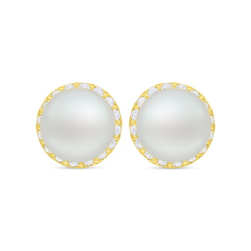 [EAR02FPR00WCZC751] Sterling Silver 925 Earring Golden Plated Embedded With Natural White Pearl And White Zircon