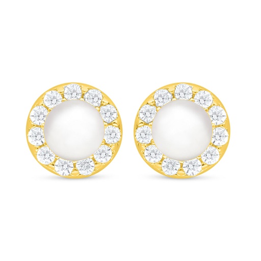 [EAR02FPR00WCZC757] Sterling Silver 925 Earring Golden Plated Embedded With Natural White Pearl And White Zircon