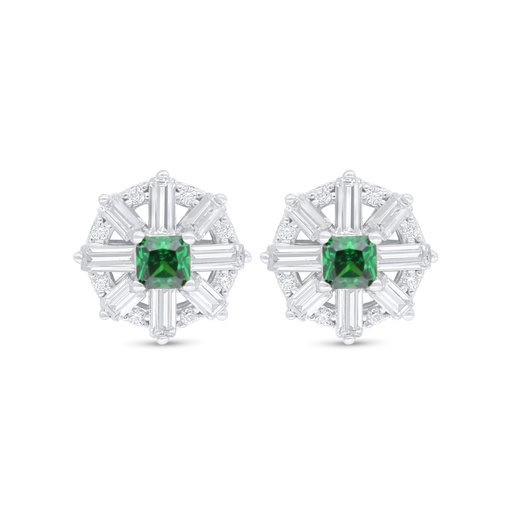 [EAR01EMR00WCZC769] Sterling Silver 925 Earring Rhodium Plated Embedded With Emerald Zircon And White Zircon