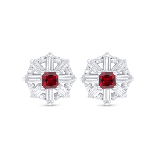 [EAR01RUB00WCZC769] Sterling Silver 925 Earring Rhodium Plated Embedded With Ruby Corundum And White Zircon