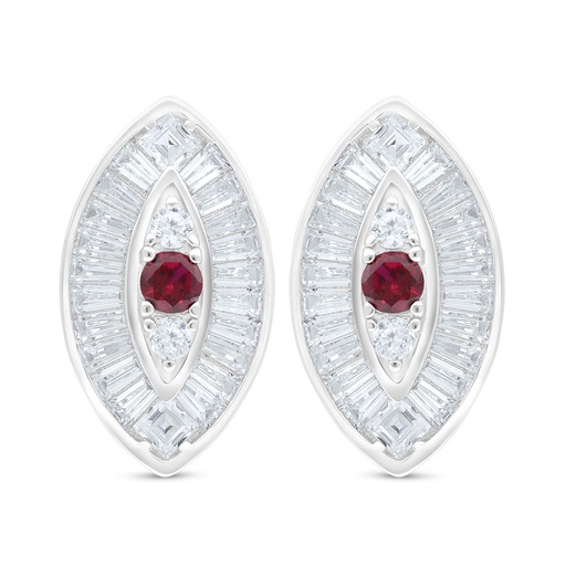 [EAR01RUB00WCZC791] Sterling Silver 925 Earring Rhodium Plated Embedded With Ruby Corundum And White Zircon