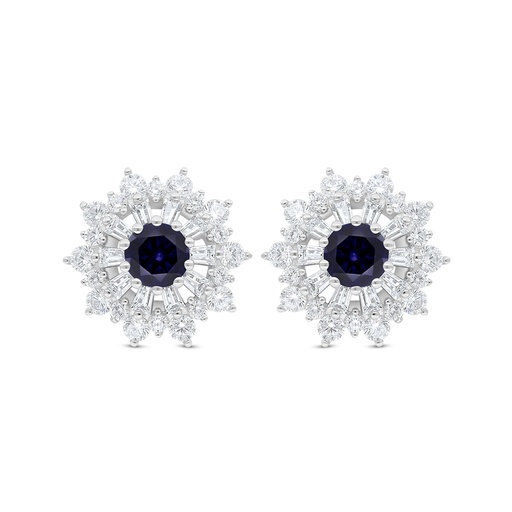 [EAR01SAP00WCZC799] Sterling Silver 925 Earring Rhodium Plated Embedded With Sapphire Corundum And White Zircon