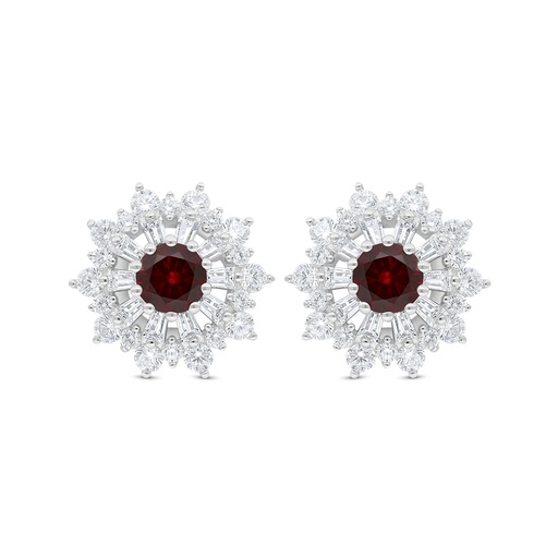 [EAR01RUB00WCZC799] Sterling Silver 925 Earring Rhodium Plated Embedded With Ruby Corundum And White Zircon