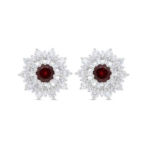 [EAR01RUB00WCZC799] Sterling Silver 925 Earring Rhodium Plated Embedded With Ruby Corundum And White Zircon