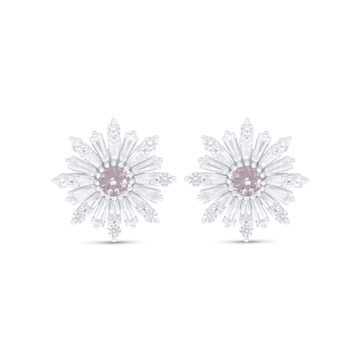 [EAR01PIK00WCZC803] Sterling Silver 925 Earring Rhodium Plated Embedded With Pink Zircon And White Zircon