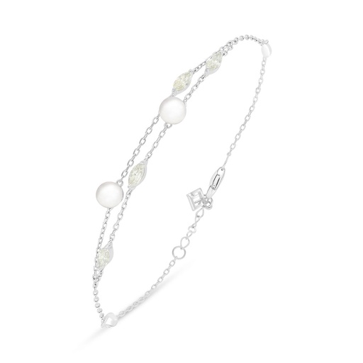 [BRC01FPR00CITB408] Sterling Silver 925 Bracelet Rhodium Plated Embedded With Natural White Pearl And Yellow Diamond 