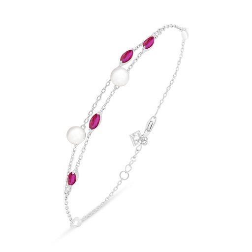 [BRC01FPR00RUBB408] Sterling Silver 925 Bracelet Rhodium Plated Embedded With Natural White Pearl And Ruby Corundum