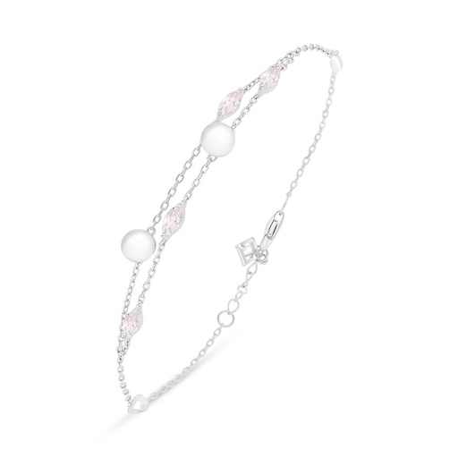 [BRC01FPR00PIKB408] Sterling Silver 925 Bracelet Rhodium Plated Embedded With Natural White Pearl And Pink Zircon