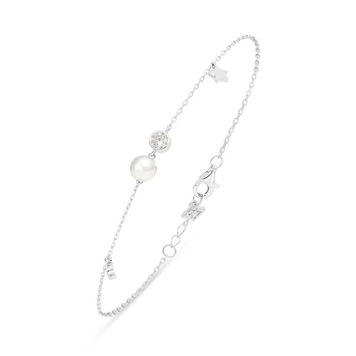 [BRC01FPR00CITB399] Sterling Silver 925 Bracelet Rhodium Plated Embedded With Natural White Pearl And Yellow Diamond 