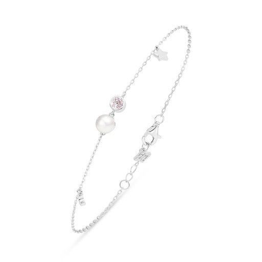 [BRC01FPR00PIKB399] Sterling Silver 925 Bracelet Rhodium Plated Embedded With Natural White Pearl And Pink Zircon 