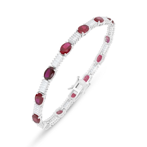 [BRC01RUB00WCZB256] Sterling Silver 925 Bracelet Rhodium Plated Embedded With Ruby Corundum And White Zircon