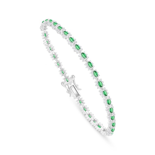 [BRC01EMR00WCZB331] Sterling Silver 925 Bracelet Rhodium Plated Embedded With Emerald Zircon And White Zircon