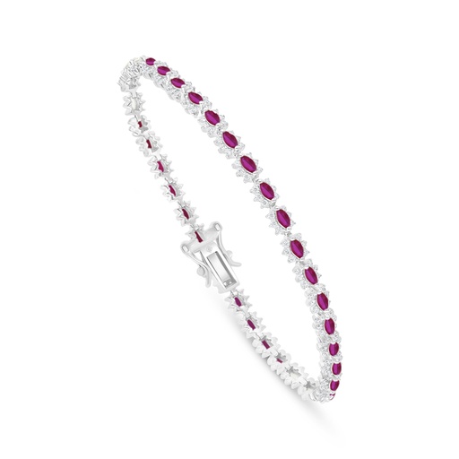 [BRC01RUB00WCZB331] Sterling Silver 925 Bracelet Rhodium Plated Embedded With Ruby Corundum And White Zircon