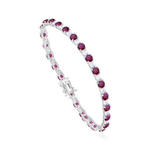 [BRC01RUB00WCZB236] Sterling Silver 925 Bracelet Rhodium Plated Embedded With Ruby Corundum And White Zircon