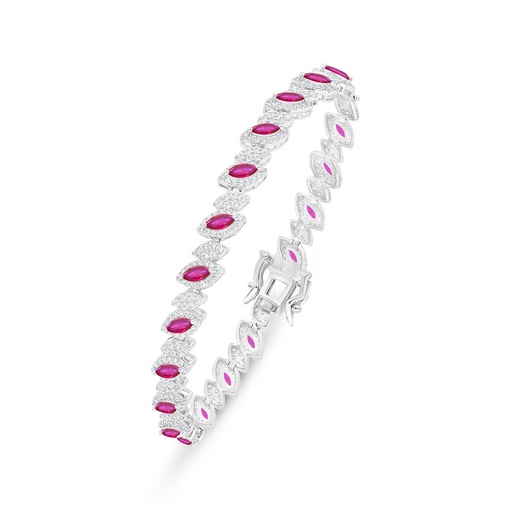 [BRC01RUB00WCZB241] Sterling Silver 925 Bracelet Rhodium Plated Embedded With Ruby Corundum And White Zircon