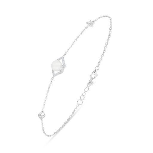 [BRC01FPR00WCZB389] Sterling Silver 925 Bracelet Rhodium Plated Embedded With Natural White Pearl And White Zircon